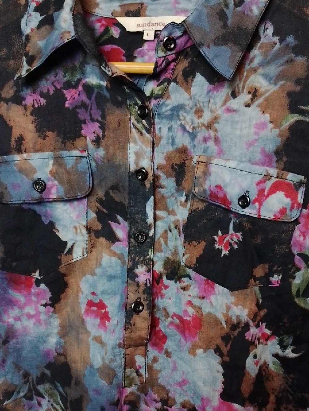 Sundance Cotton 1/2 Button Blue and Pink Floral Blouse Large
